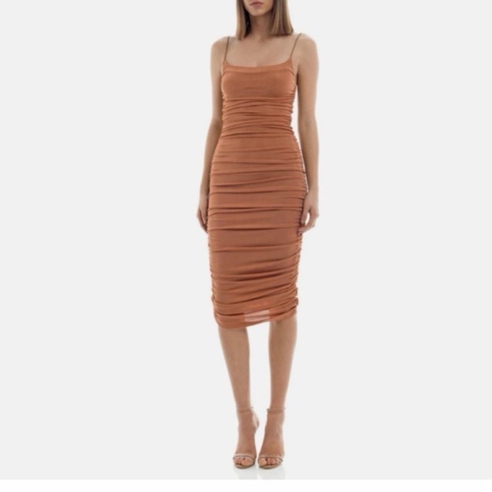 MISHA COLLECTION Ruched Slip Midi Dress in Terracotta - Size US 2/34